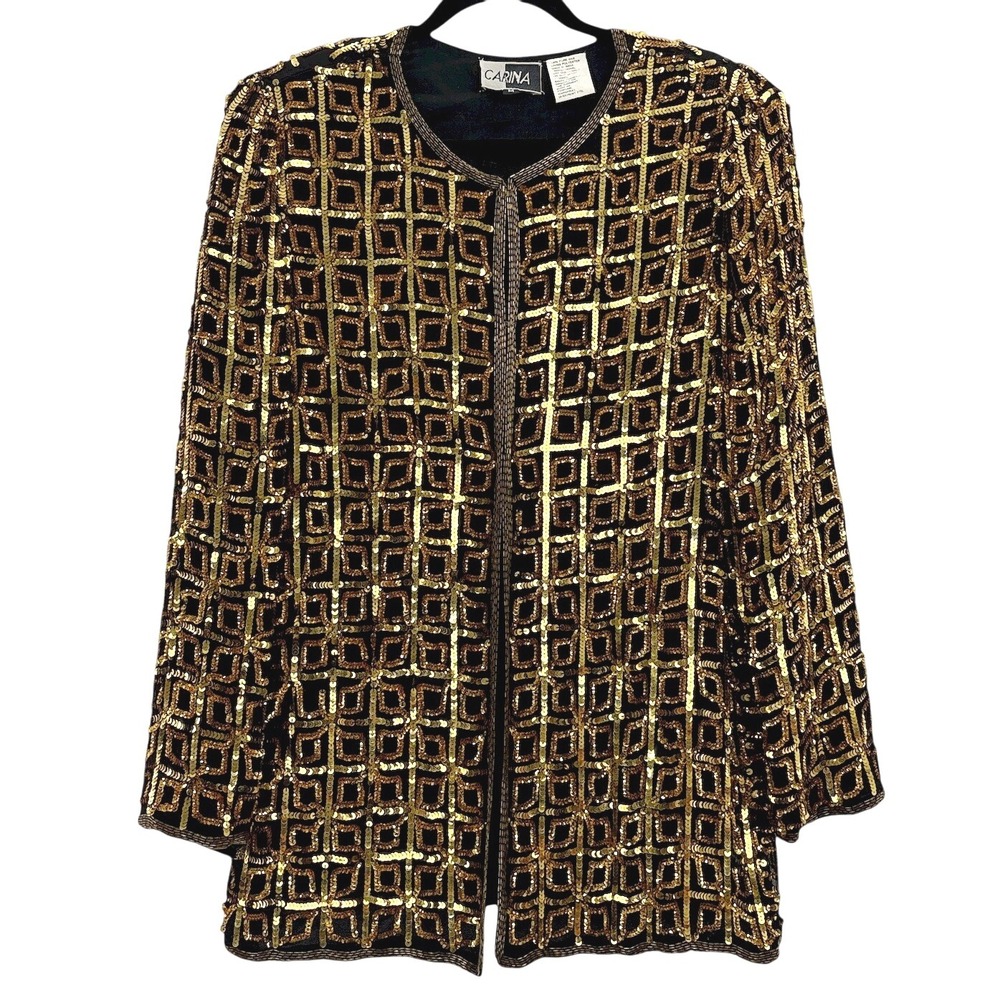 CARINA Vintage‎ Sequin Beaded Jacket Blazer Women's Medium Black Gold Geometric